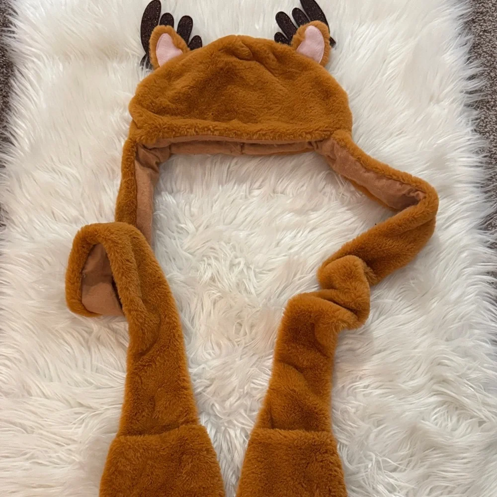 Cozy Brown Reindeer Kids Hat with Scarf or Handwarmers